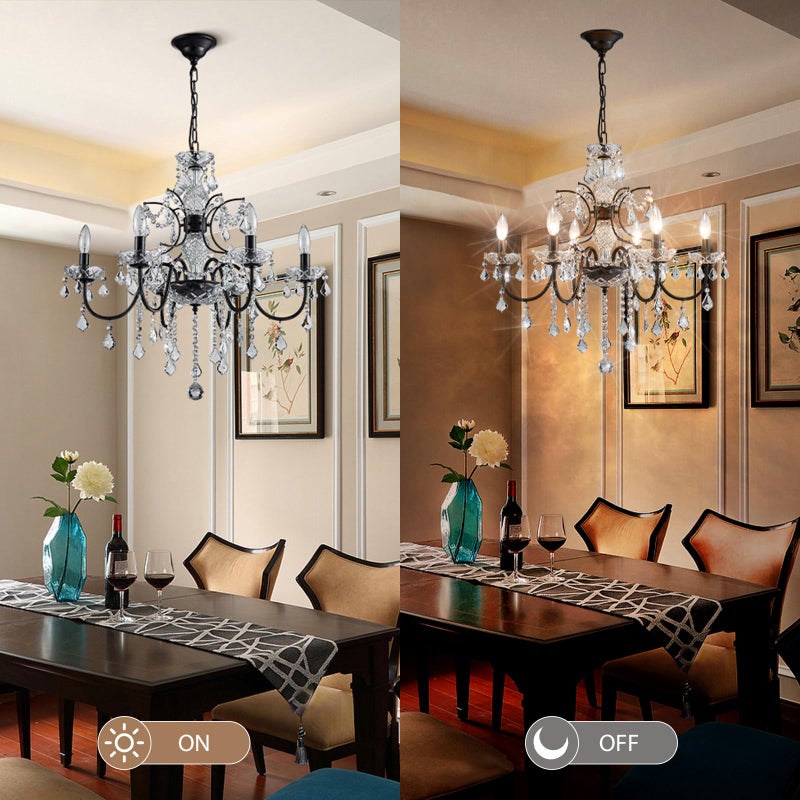 Bestier Black Finish Elegent Crystal Candle Candelabra Chandelier 6 Light Lighting Fixture LED Pendant Ceiling Light Dia 26 in x H 26 in - Image 5